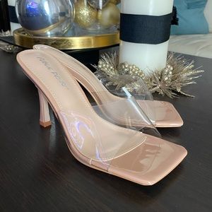 NWOT Cute Square Toe Nude And Clear Mules Heels